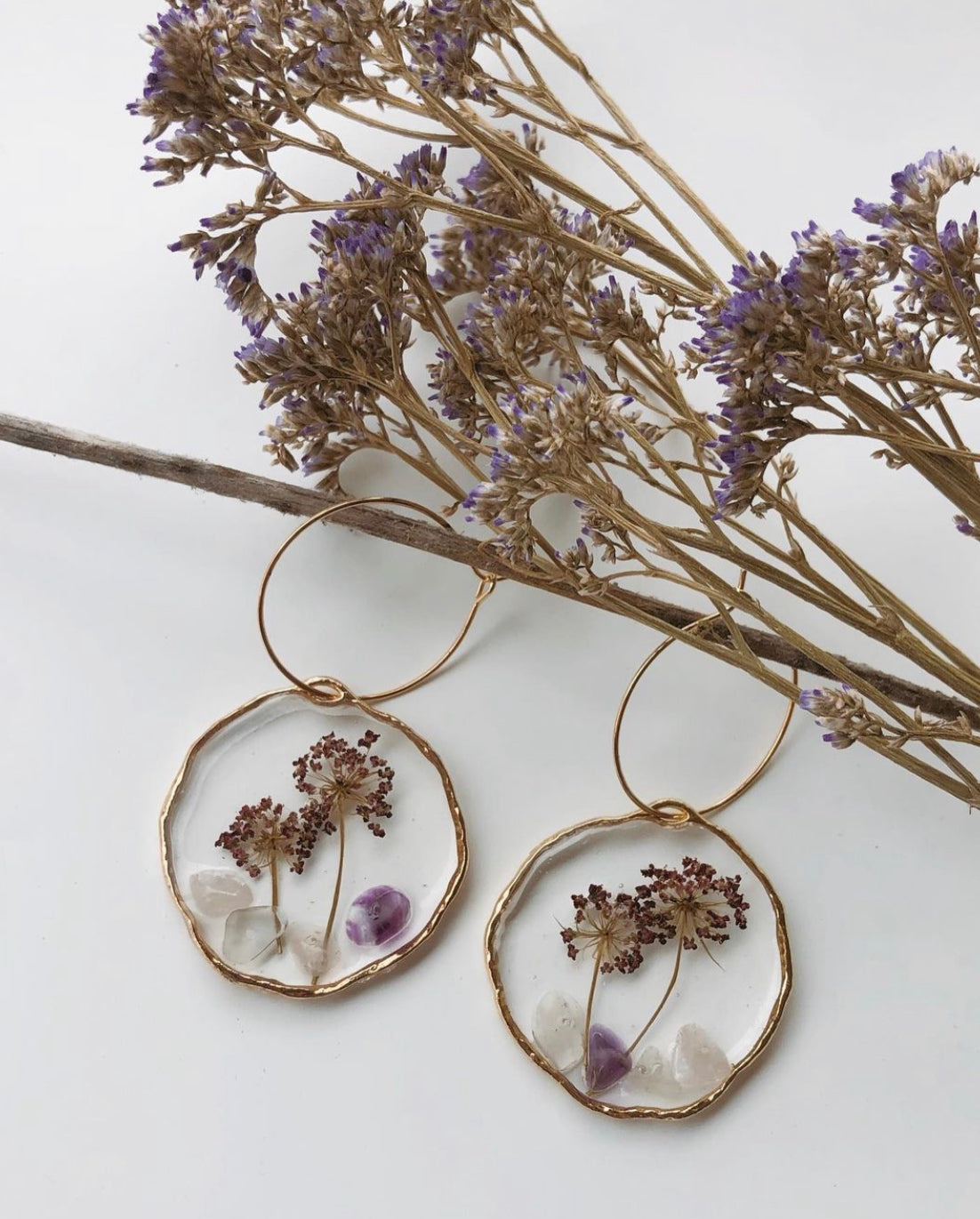 Pressed Purple Flowers with Crystals