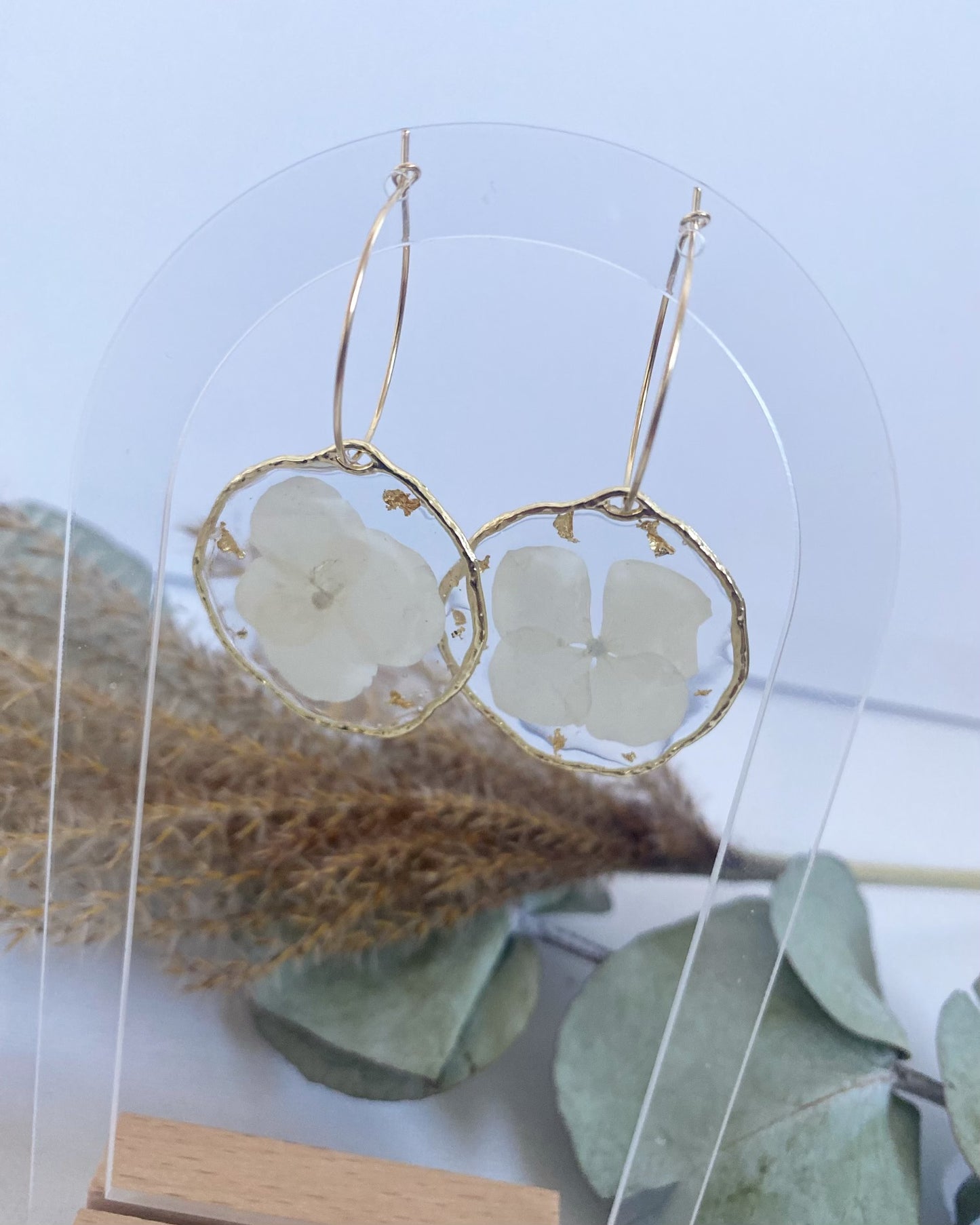 Pressed White Hydrangea with Gold Leaf Earrings