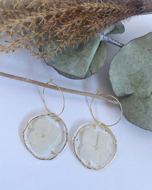 Pressed White Hydrangea with Gold Leaf Earrings